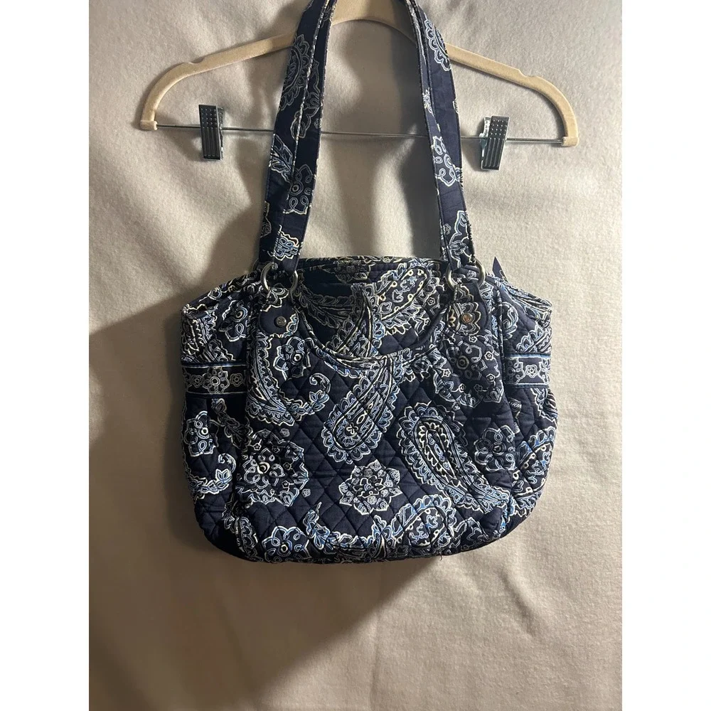 Vera Bradley Blue Bayou Paisley Quilted Cotton Shoulder Bag Tote Navy Blue